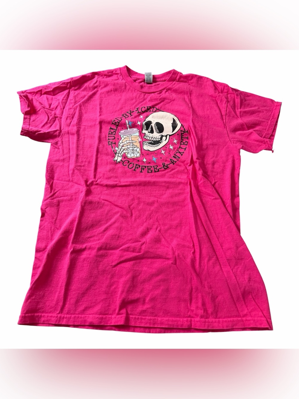 Fueled by Iced Coffee and Anxiety Pink Crew Neck Short Sleeve Graphic T-Shirt M